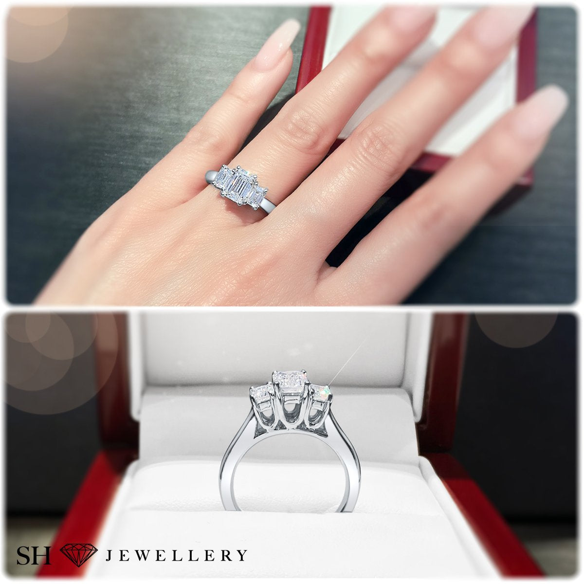 1.00 carat trilogy ring in white gold with an emerald cut diamond and  tapered baguettes - BAUNAT
